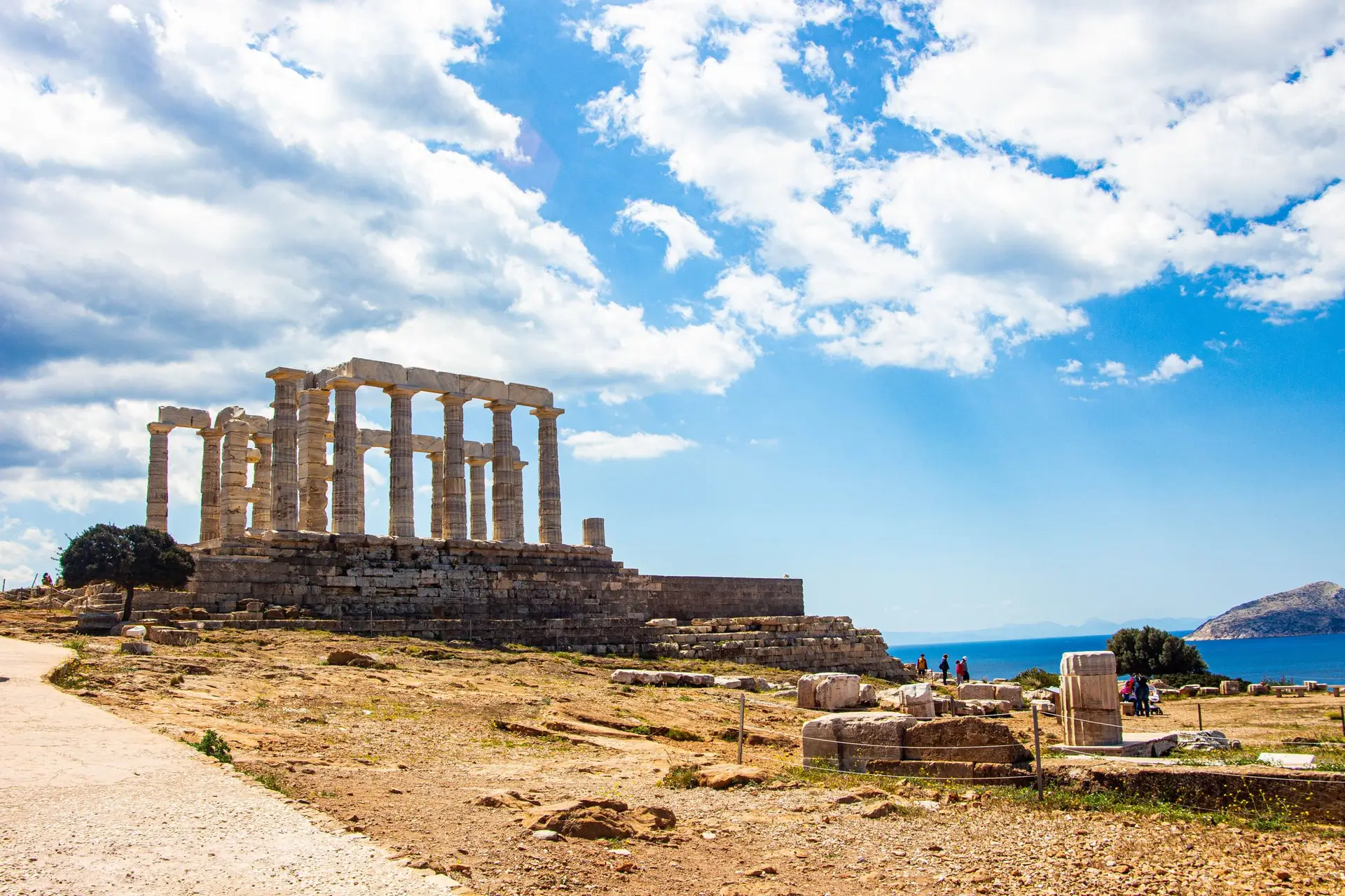 The Temple of Poseidon at Cape Sounion set against the Aegean Sea